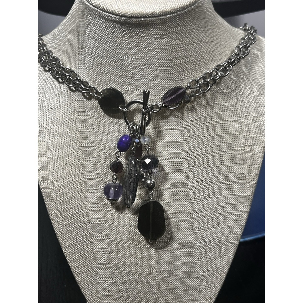 Double Strand Necklaceβ Silver Tone Toggle Crystal Beaded Tassel Gray Purple